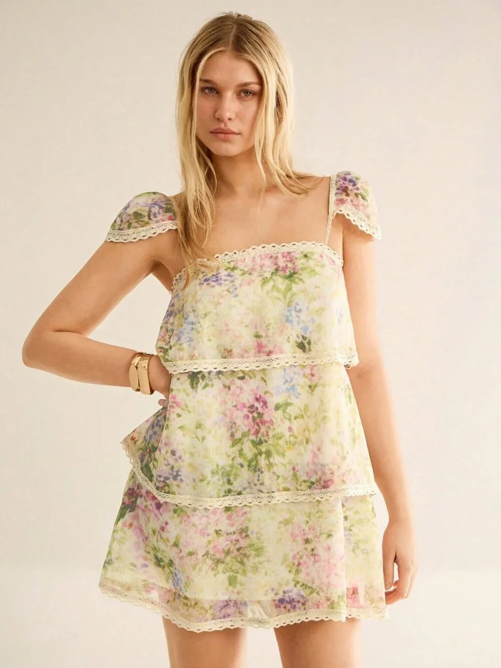 Multicolor Boho Women's Floral Print Lace Patchwork Lace Trim Ruffle Mini Dress - Picture 1 of 7